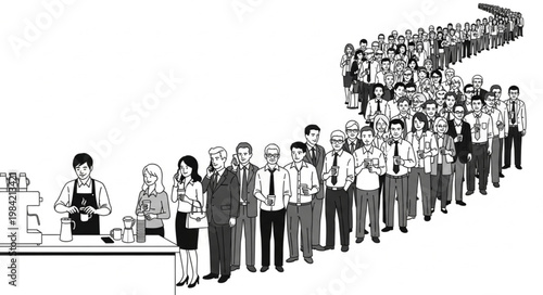 Long queue of people waiting in line at a counter.