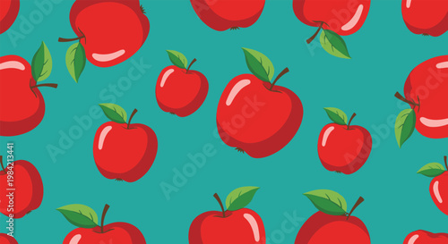 Seamless pattern of red apples with green leaves scattered on a teal background creating a fresh and vibrant fruity wallpaper.