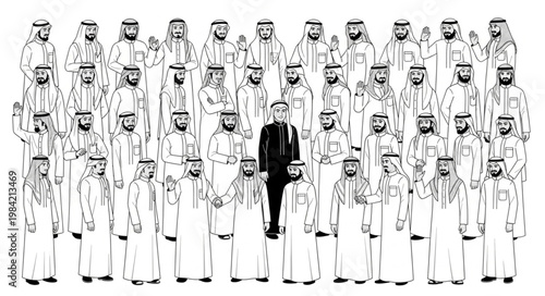 Man in suit stands out among group of men in traditional attire.