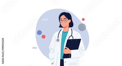 Female doctor with glasses and a stethoscope wearing a white lab coat and holding a black clipboard on a light blue background.