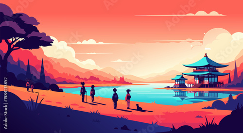 A vibrant vector illustration capturing a serene Japanese landscape with traditional architecture and a tranquil lake, evoking a sense of peace and cultural exploration