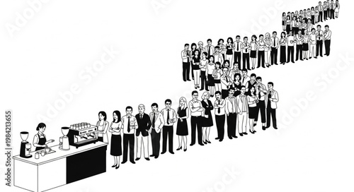 Long Queue of People Waiting in Line at a Service Counter.