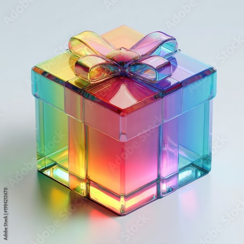 A vibrant, iridescent gift box with a shimmering bow sits on a reflective surface, showcasing a spectrum of colors and a sense of celebratory anticipation.