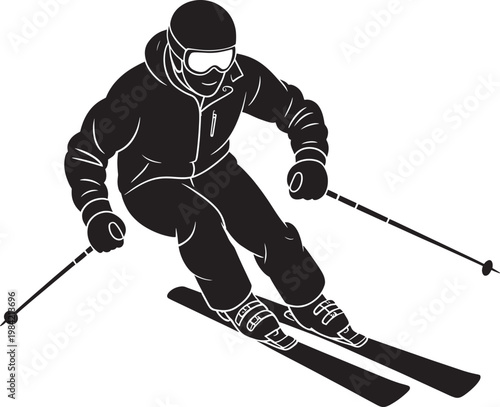 Downhill skier silhouette in speed racing stance wearing goggles and winter gear vector illustration