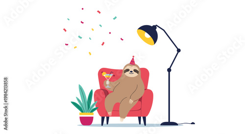 Relaxed sloth wearing a party hat sitting in a red armchair with a cocktail and confetti falling in a cozy room.