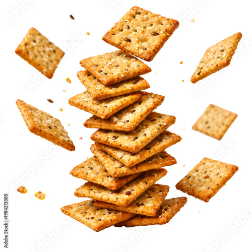 Falling stack of crispy whole grain crackers with seeds isolated on transparent background. Symphony of healthy snack crackers levitating in mid-air perfect for marketing and promotions. 