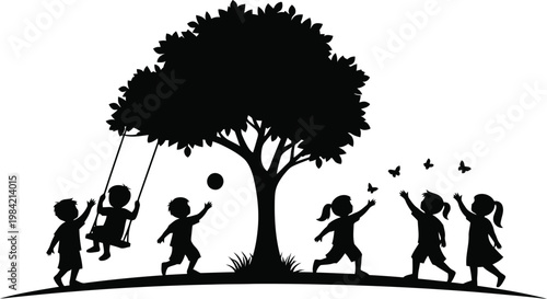 Children playing under a tree on a sunny day