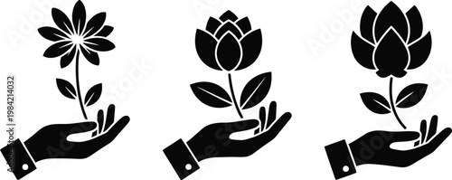 Three black and white illustrations of hands holding flowers