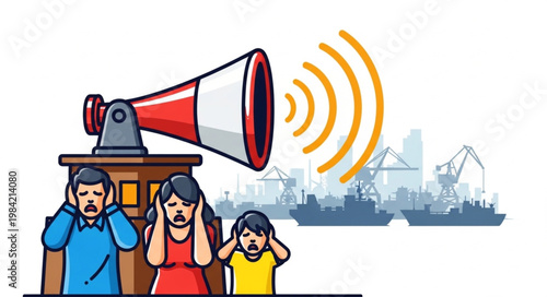 Loud Megaphone Announcing Noise Pollution Affecting People.