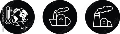 Global warming icons with thermometer and industrial buildings