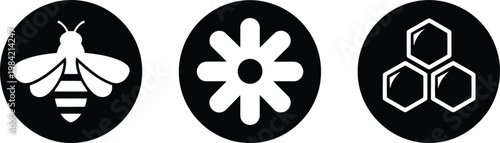 Bee, flower and honeycomb black and white icons