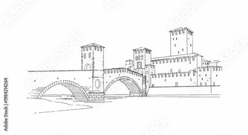 Medieval stone bridge with fortified towers and ramparts over a river