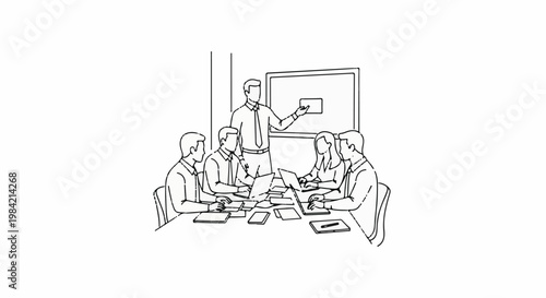 Meeting with presenter showing graph on board to seated colleagues with laptops