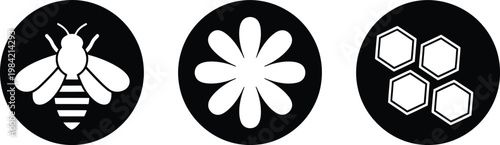 Bee, flower, and honeycomb black and white icons