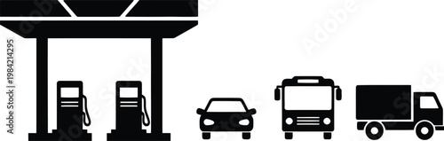 Black and white illustration of a gas station