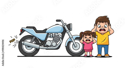 Man and child cover ears from loud motorcycle exhaust fumes.