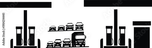 A black and white image of cars and trucks at a gas station