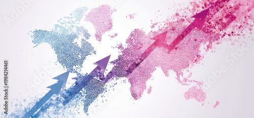 A stylized abstract representation of global growth and interconnectedness, featuring fragmented world maps integrated into upward-pointing arrows.