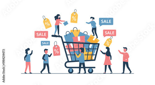 People Shopping Sale Cart.