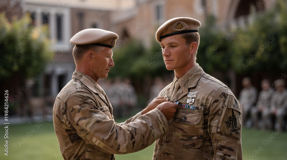 Fototapeta premium Outgoing commander removing unit crest from beret and pinning it on successor's uniform during small outdoor ceremony, both in full dress, junior soldiers watching in semicircle, spring lawn behind 