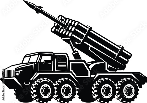A large truck with a rocket on top of it