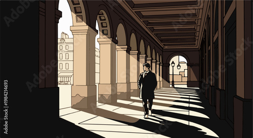 Man in suit walks through sunlit arcade with architectural buildings beyond