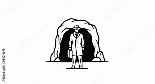 Man in trench coat and fedora stands before a dark cave entrance