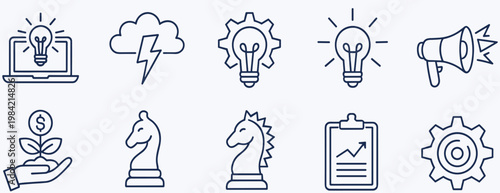 Business and strategy concept icons including lightbulb, gears, chess pieces and graph idea