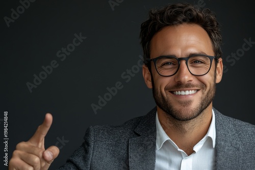 Smiling Man in Blazer Points Upward - Positive Business Portrait