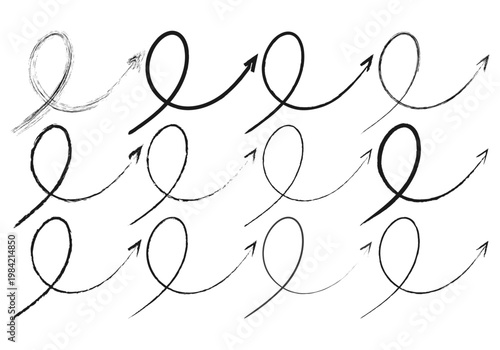 Conjunto de flechas negras con bucles y trazos de pincel variados