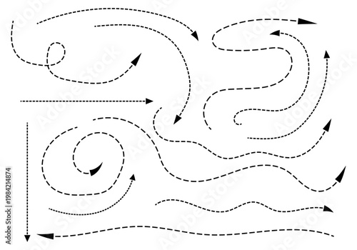 Colección de flechas negras con líneas punteadas y formas curvas variadas 