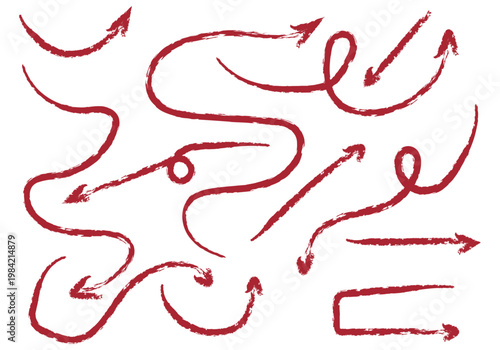 Colección de flechas rojas con trazos de pincel de textura rugosa y formas curvas variadas