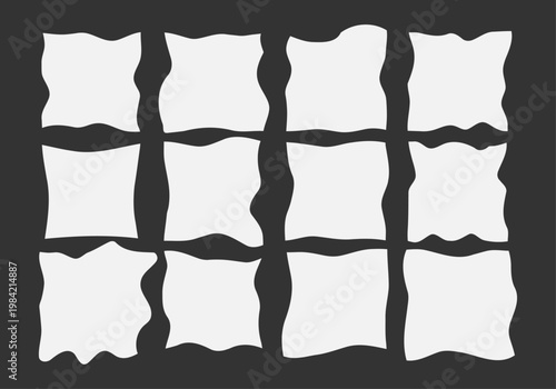 Colección de doce formas cuadradas blancas con bordes ondulados irregulares sobre un fondo gris oscuro