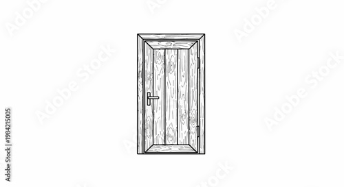 Line drawing of a wooden door with a handle and hinges on white