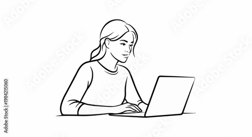 Line drawing of a woman working on a laptop