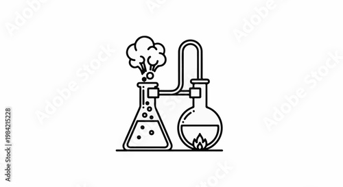 Line art of chemical experiment with two flasks and steam