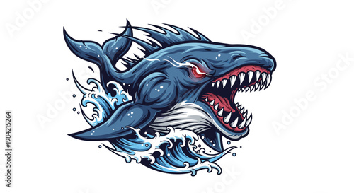 Monstrous illustration of an aggressive shark-whale hybrid, featuring sharp teeth and glowing red eyes, powerfully erupting from ocean waves.