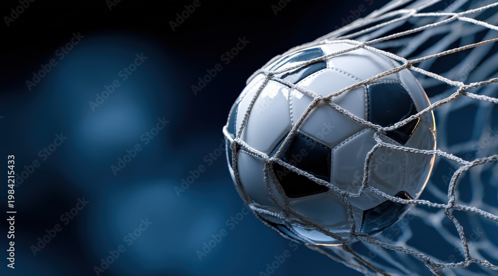 Naklejka premium Soccer ball hitting back of net with copy space