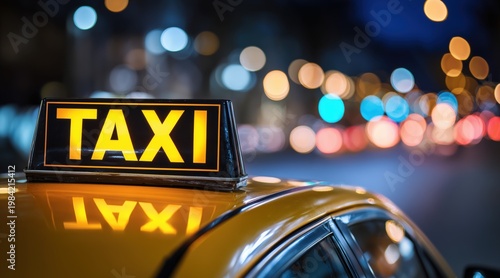 Illuminated taxi sign on roof of yellow cab in city at night