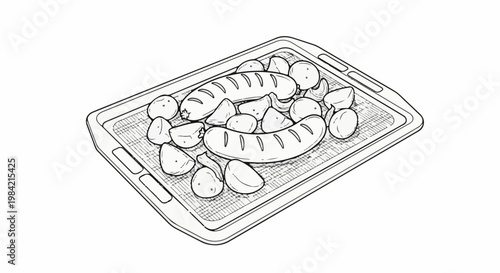 Line art of sausages and potato wedges on a baking tray