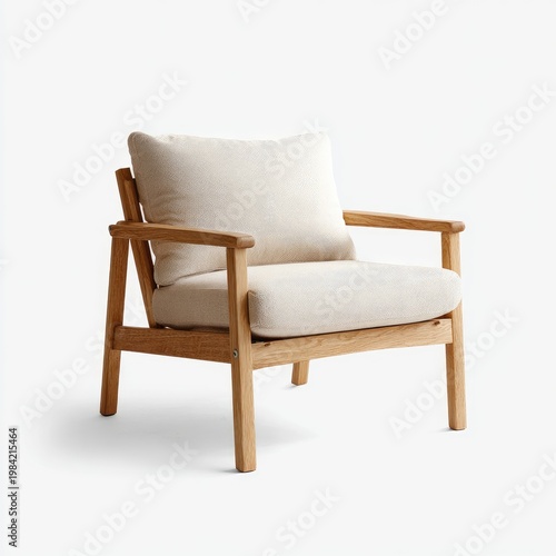 A modern armchair with a light wood frame and a textured beige cushion sits against a clean white background, showcasing a minimalist and comfortable design.