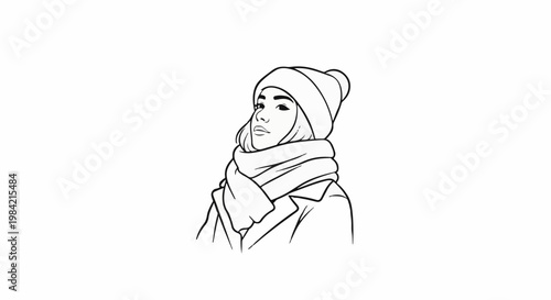 Line art portrait of a person wearing a winter hat and scarf