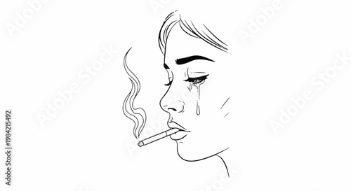 Line art portrait of a woman crying while smoking a cigarette, exhaling smoke