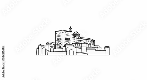 Line art sketch of a historical castle with multiple towers and arched structures