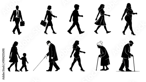Diverse Pedestrian Silhouette Collection Featuring Inclusive Walking Figures and Professional People in Motion for Urban Planning