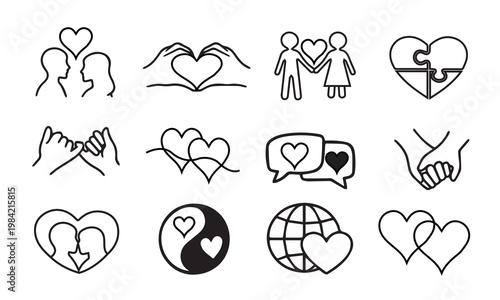 Love and Relationship Line Icons Set – Romantic Couples, Hearts, Connection Symbols Vector Collection