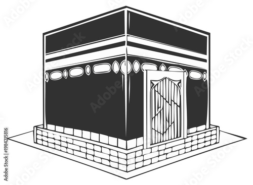 Islamic cultural symbol of the Kaaba depicted in black and white