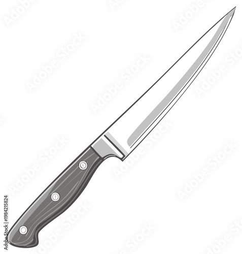 Professional chef's utility knife with shiny steel blade and classic wood handle vector illustration