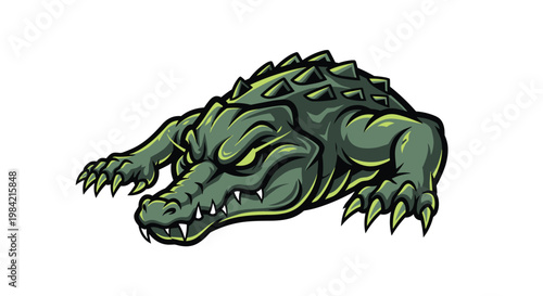 Menacing illustration of a powerful alligator, featuring a textured, scaly body and glowing green eyes in a low, predatory stance.