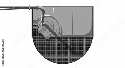 Liquid flows from pipe into grate, abstract industrial scene